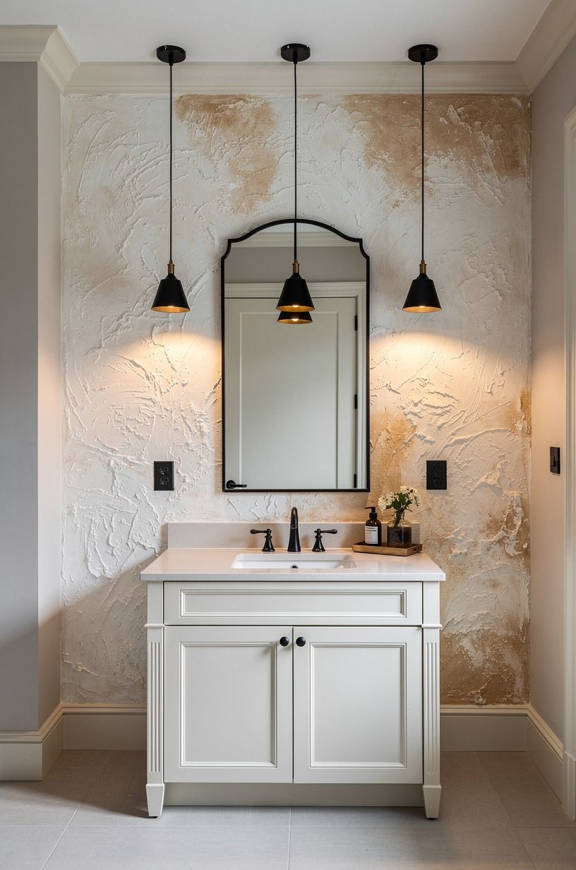 Hang three-height lighting around a textured wall