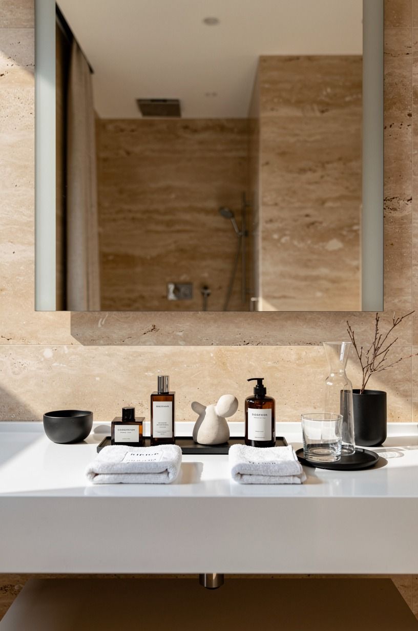 Instead of more decor, edit the counter like a hotel tray