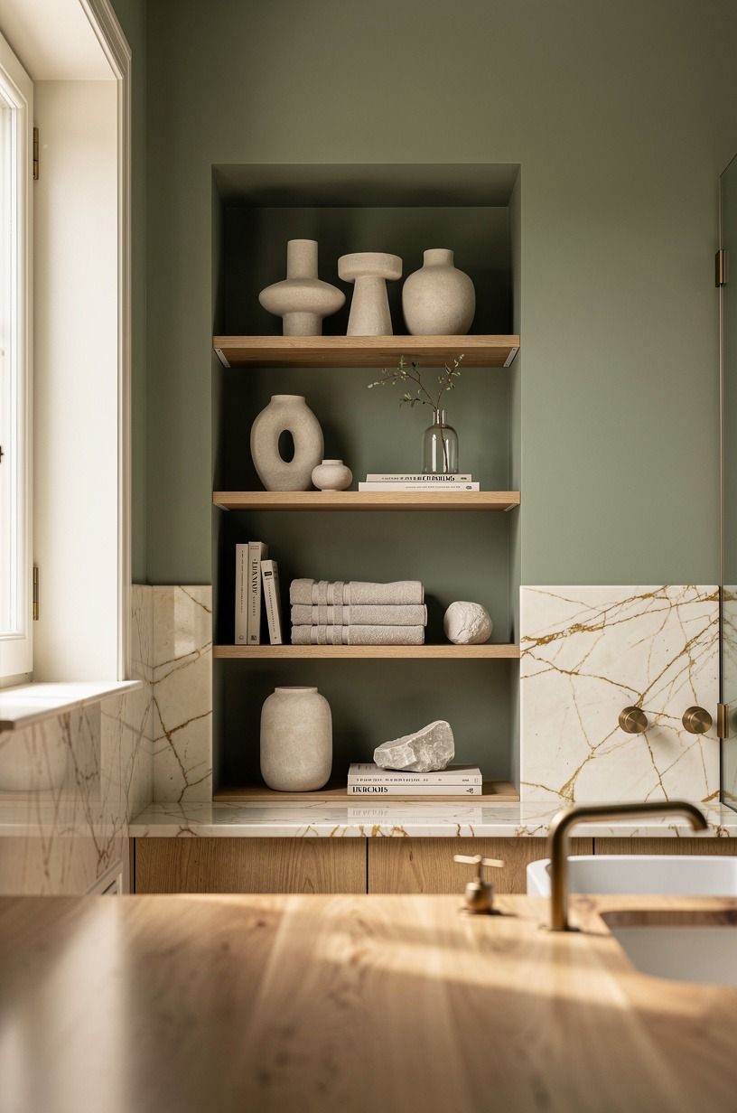 Layer a double shelf inside a tall recess