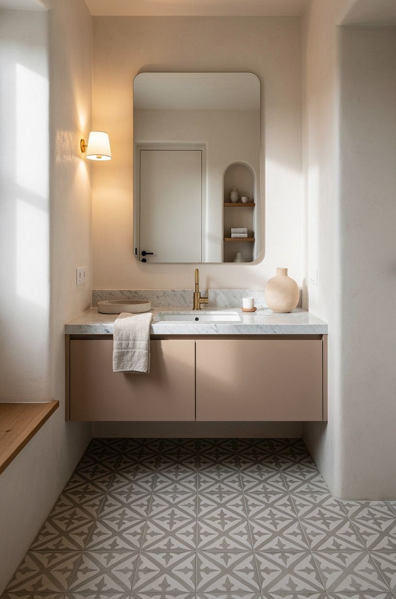Layer a French Pattern Floor Beneath a Simple Vanity