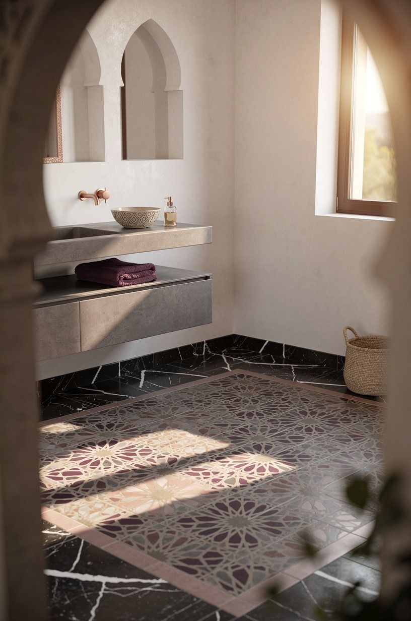 Layer a warm islamic style bathroom floor
