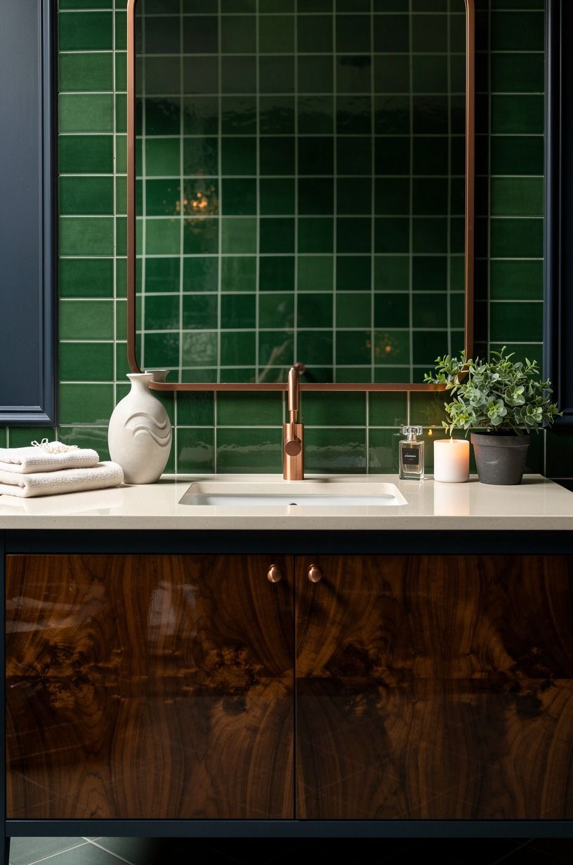 Layer an emerald green tiled bathroom behind the sink