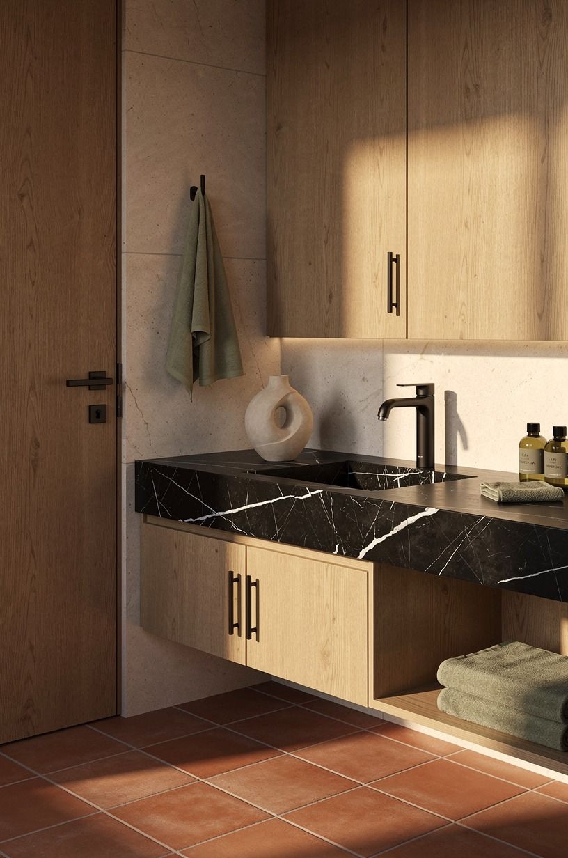 Layer black hardware over warm oak