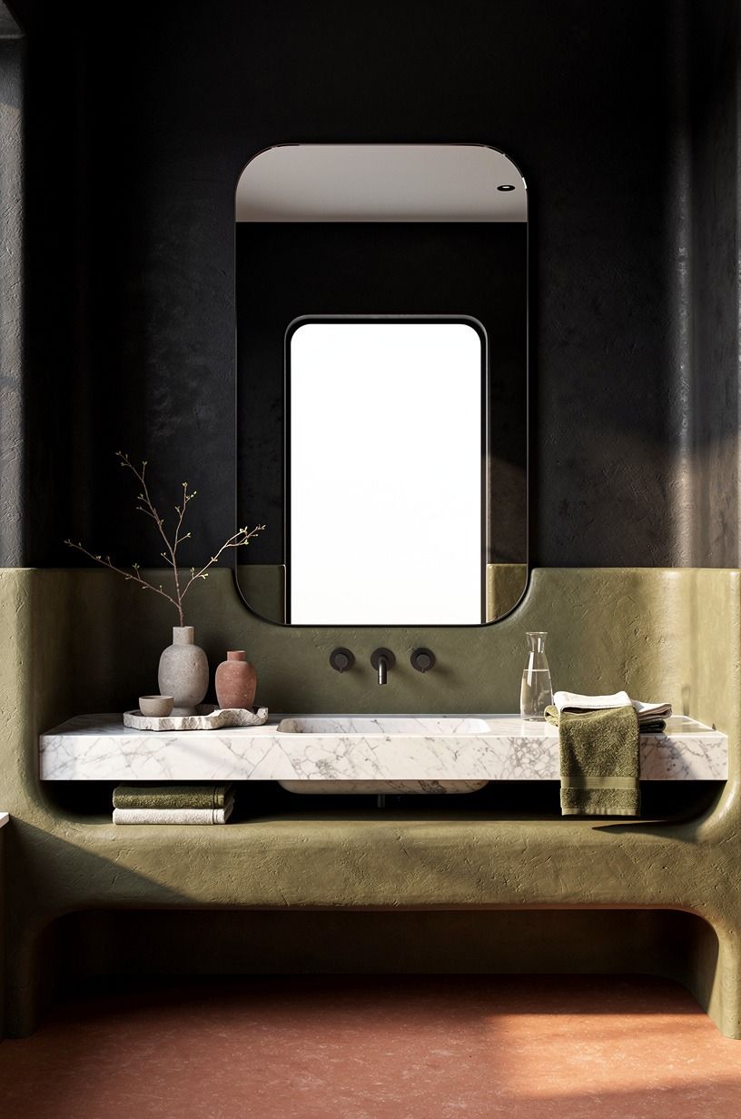 Layer Black Walls Bathroom Details Around One Bright Mirror
