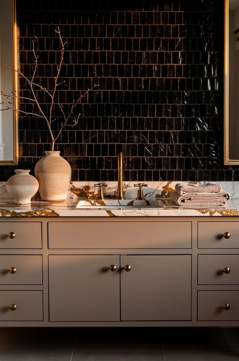 Layer black zellige behind the vanity