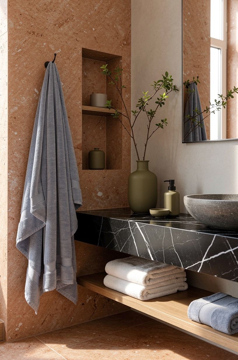 Layer blue-grey towels with warm white linen