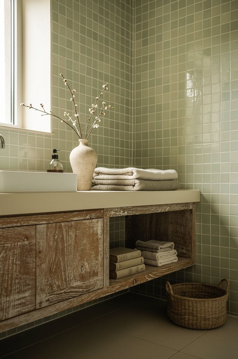 Layer cream zellige tile bathroom walls behind a simple vanity