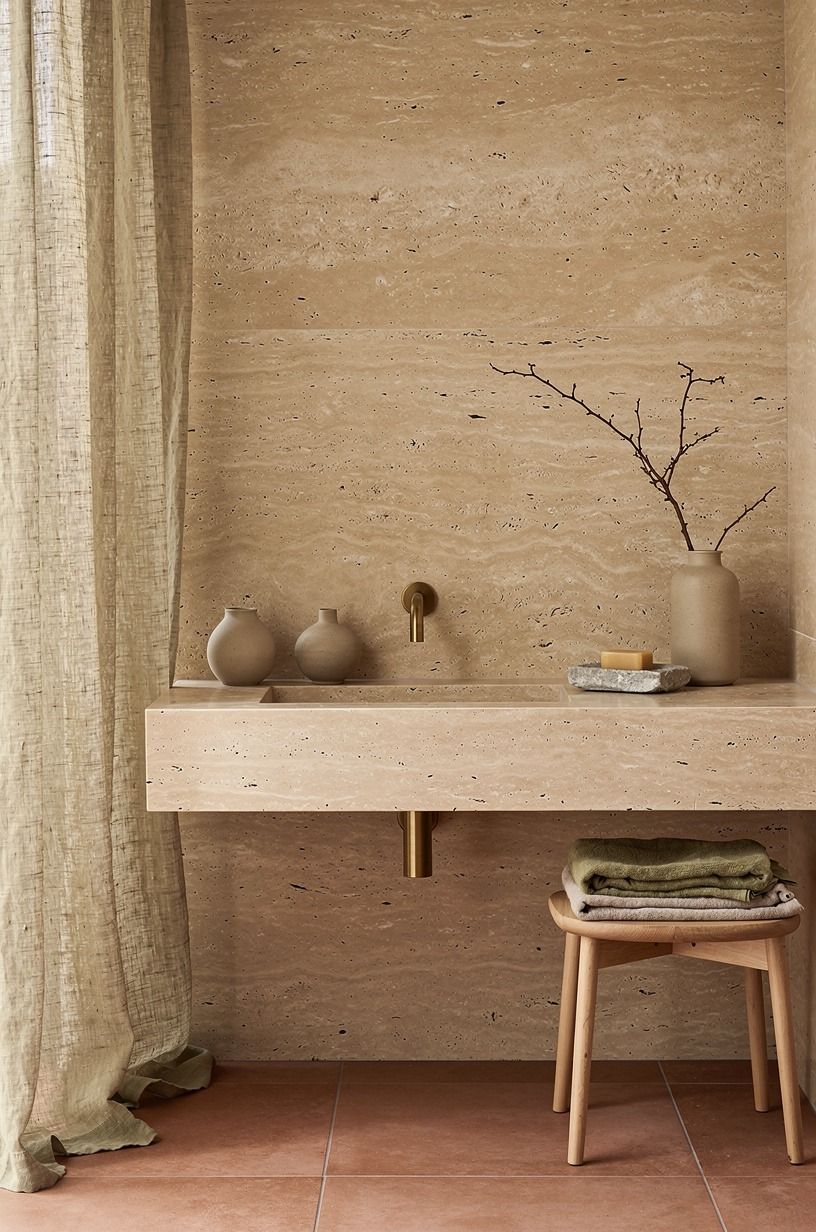 Layer honed travertine around a simple japandi bathroom vanity