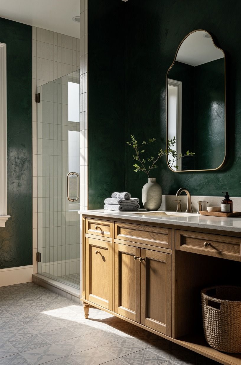 Layer jewel tone bathrooms with a restrained shower tile
