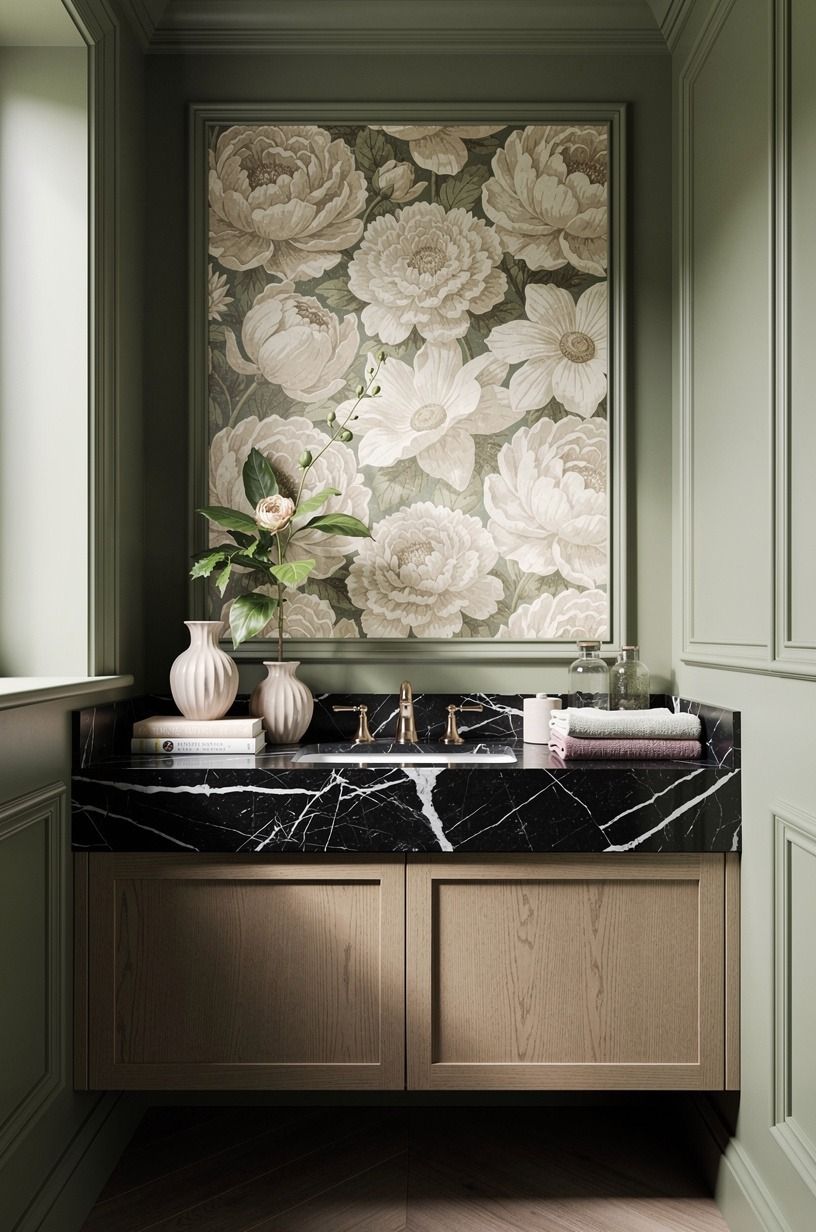 Layer oversized florals behind your powder room vanity