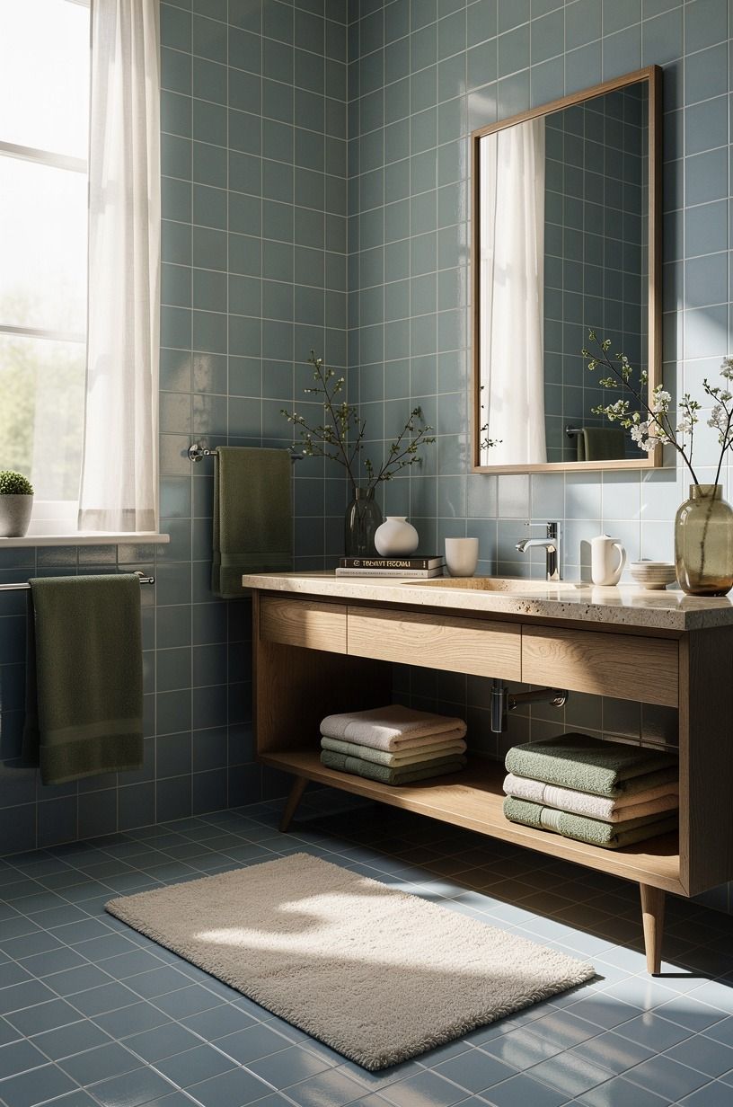 Layer powder blue bathroom tile with warm textiles