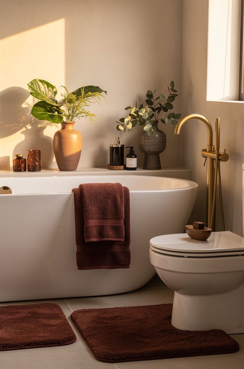 Layer rust textiles over plain white fixtures