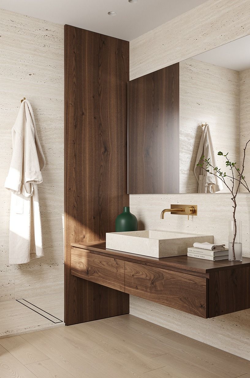 Layer walnut against honed travertine (small bathroom renovation ideas)