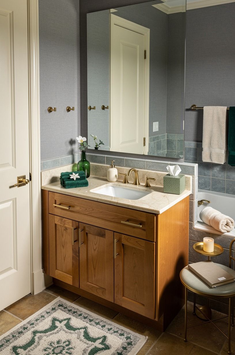 Layer warm wood against bathroom grey and blue