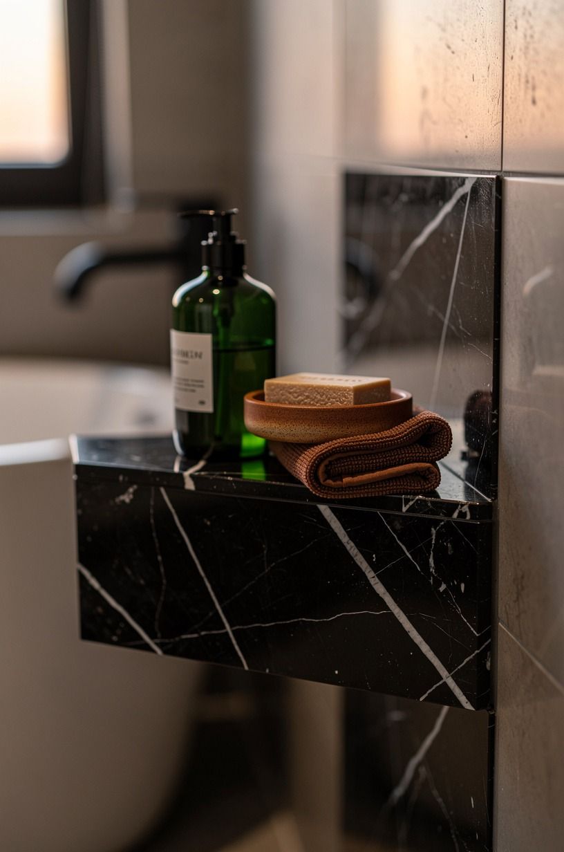 Let a shower corner shelf carry the visual weight