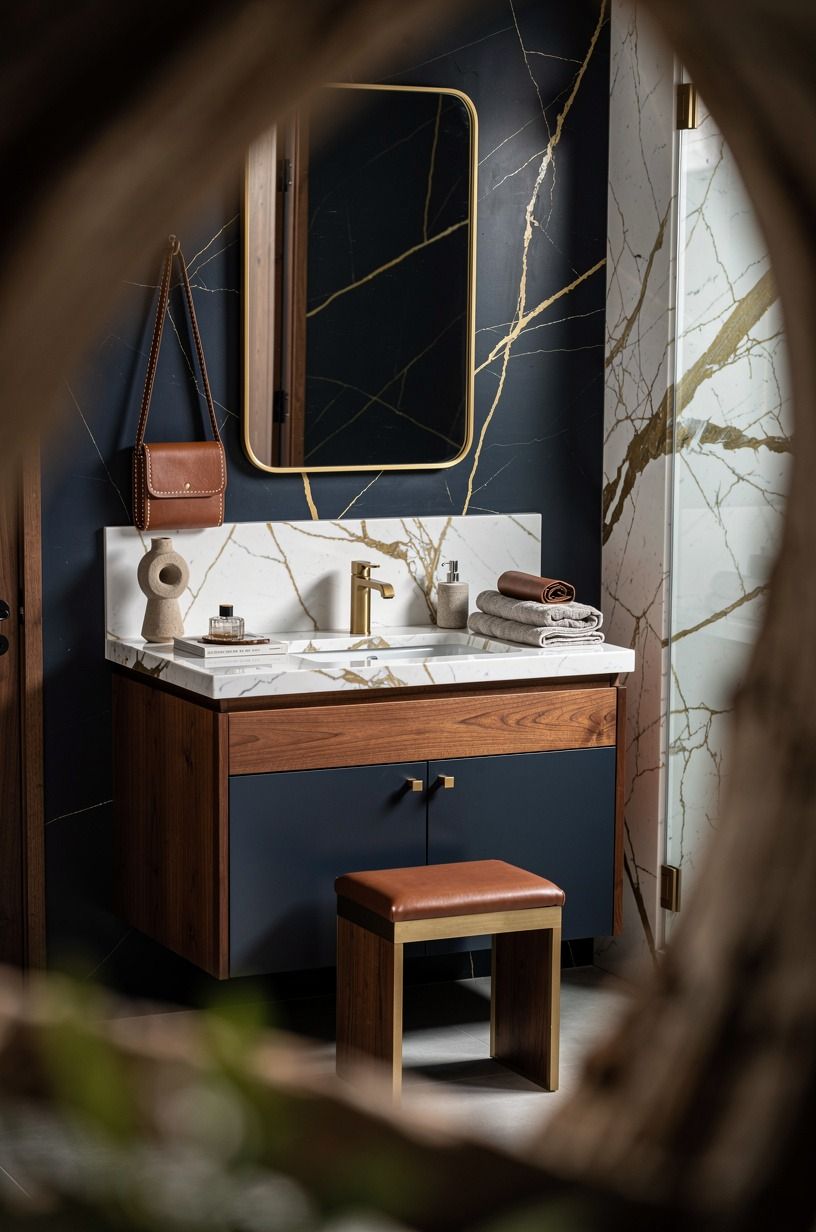 Let brown leather warm the modern cabin bathroom decor