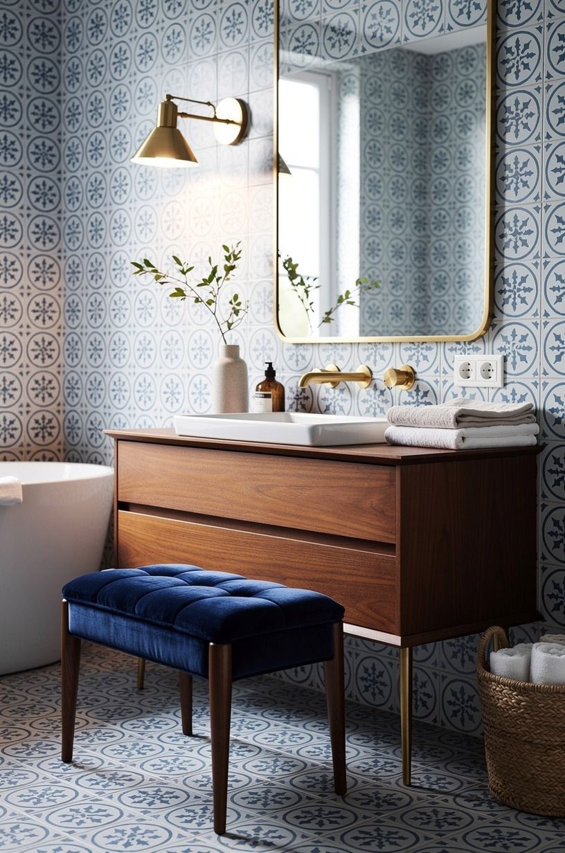 Let linen soften the azulejos bathroom look
