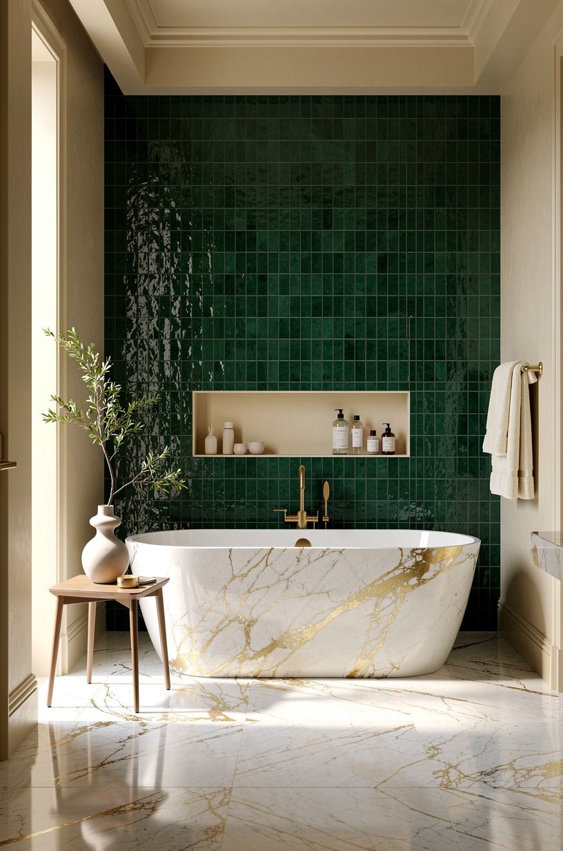 Let zellige tile climb behind the tub