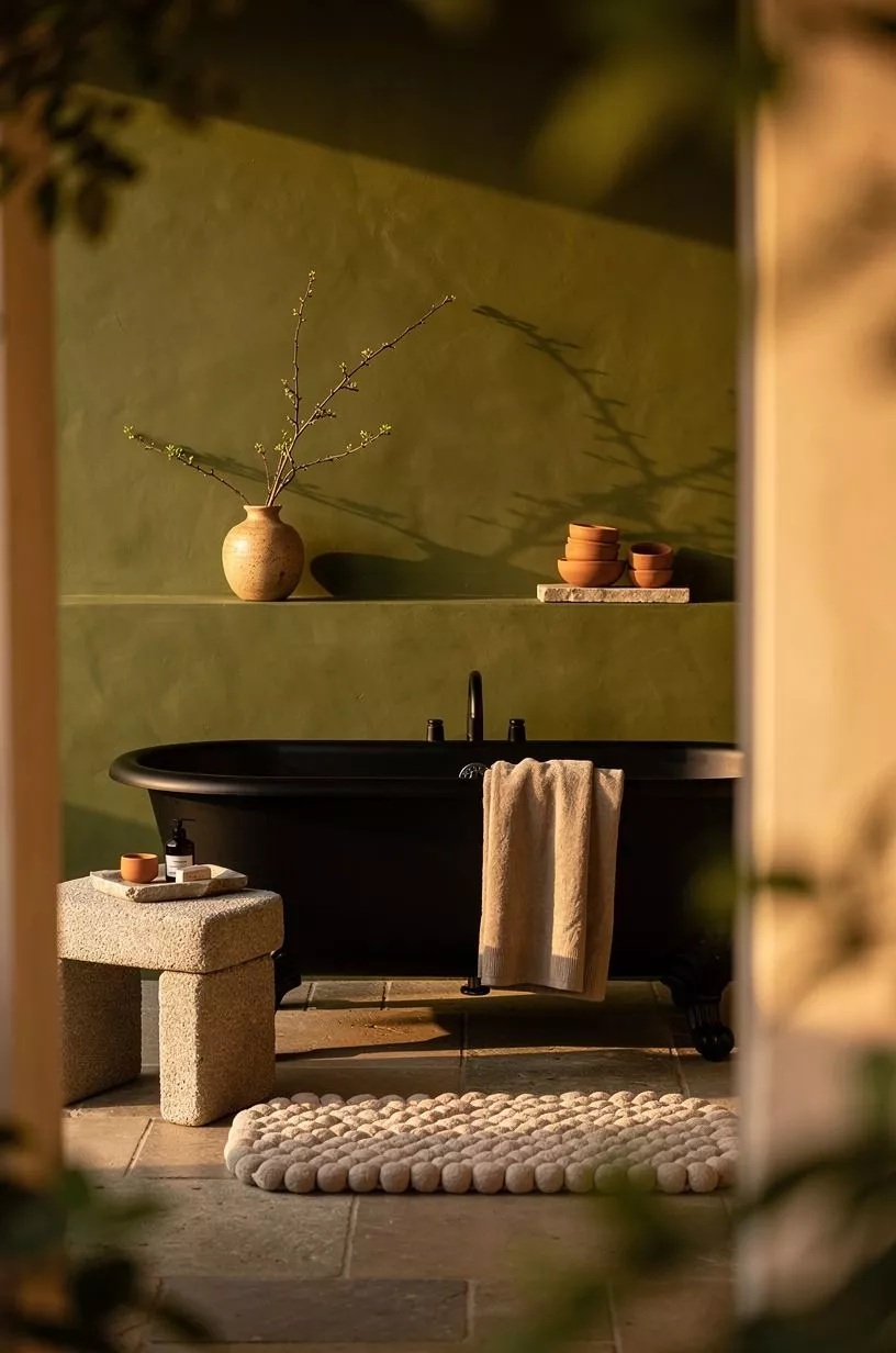 Mix a black clawfoot tub with an olive backdrop
