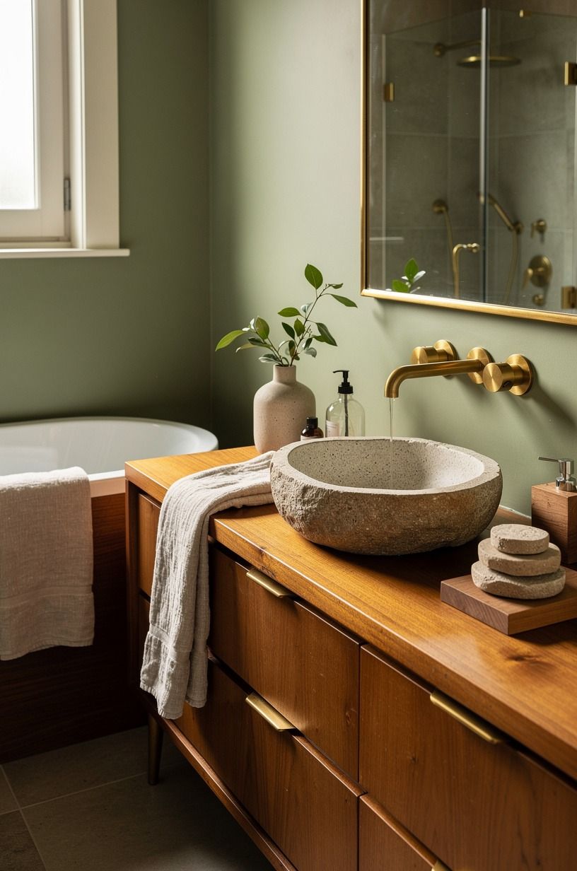 Mix a soft linen accent with warm wood