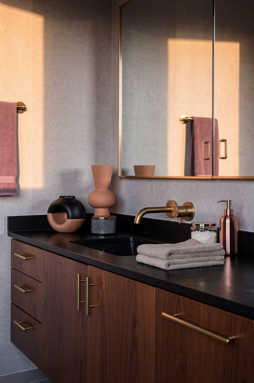 Mix black and earthy bathroom decor at the counter