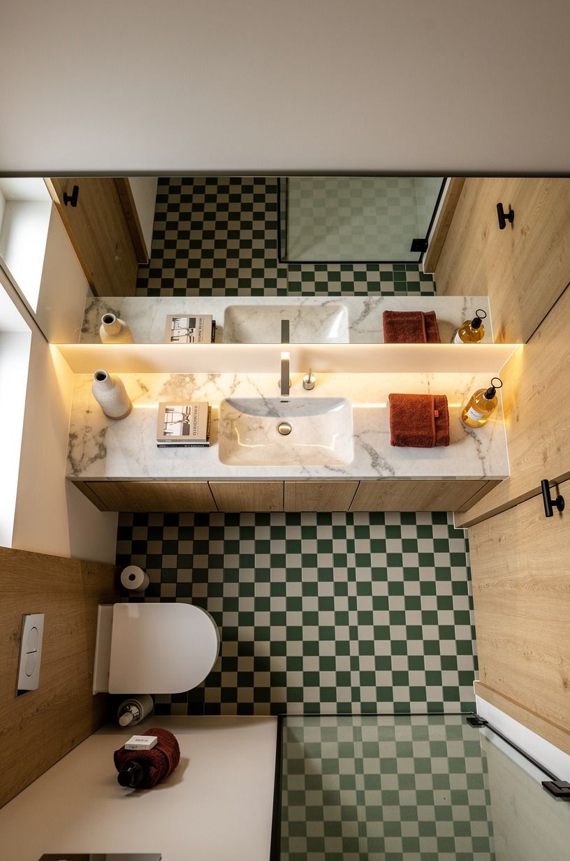 Mix checkerboard with a plain painted ceiling