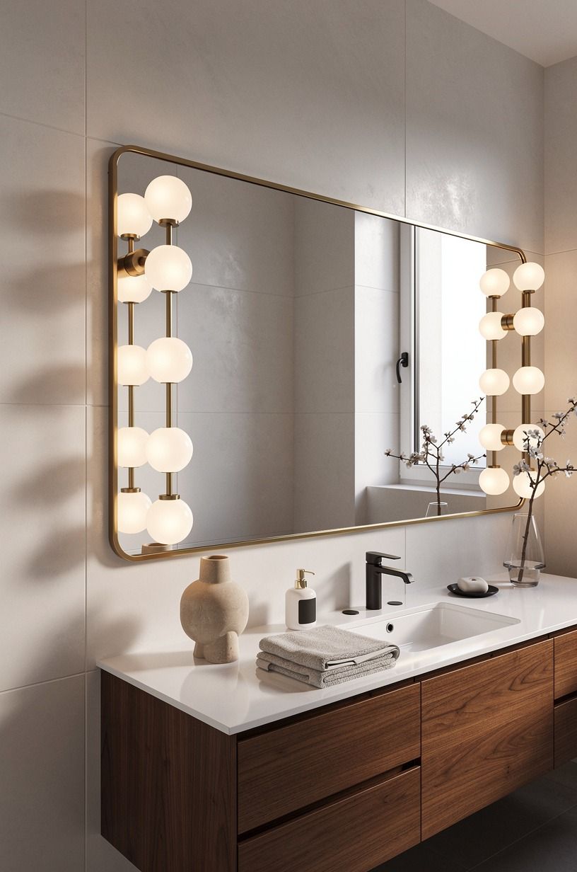 Mix Globe Sconces Against a Long Linear Mirror