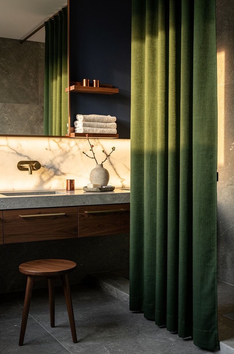 Mix Grey Stone With a Green Shower Curtain