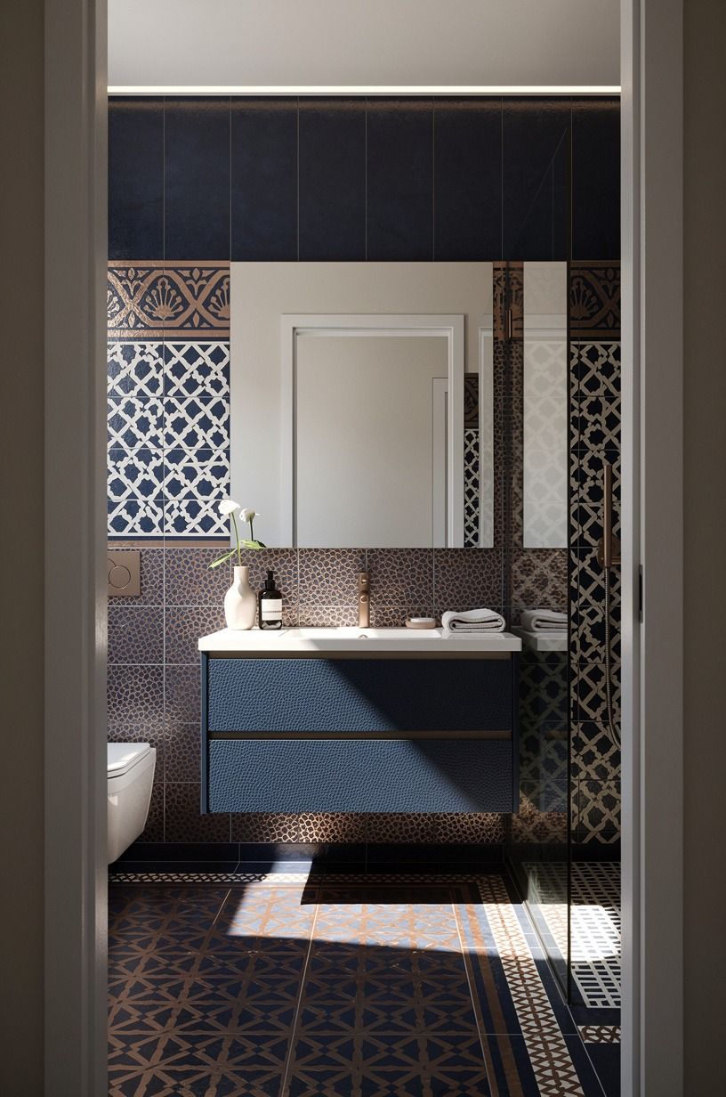 Mix Moroccan tiles design with one quiet fixture line
