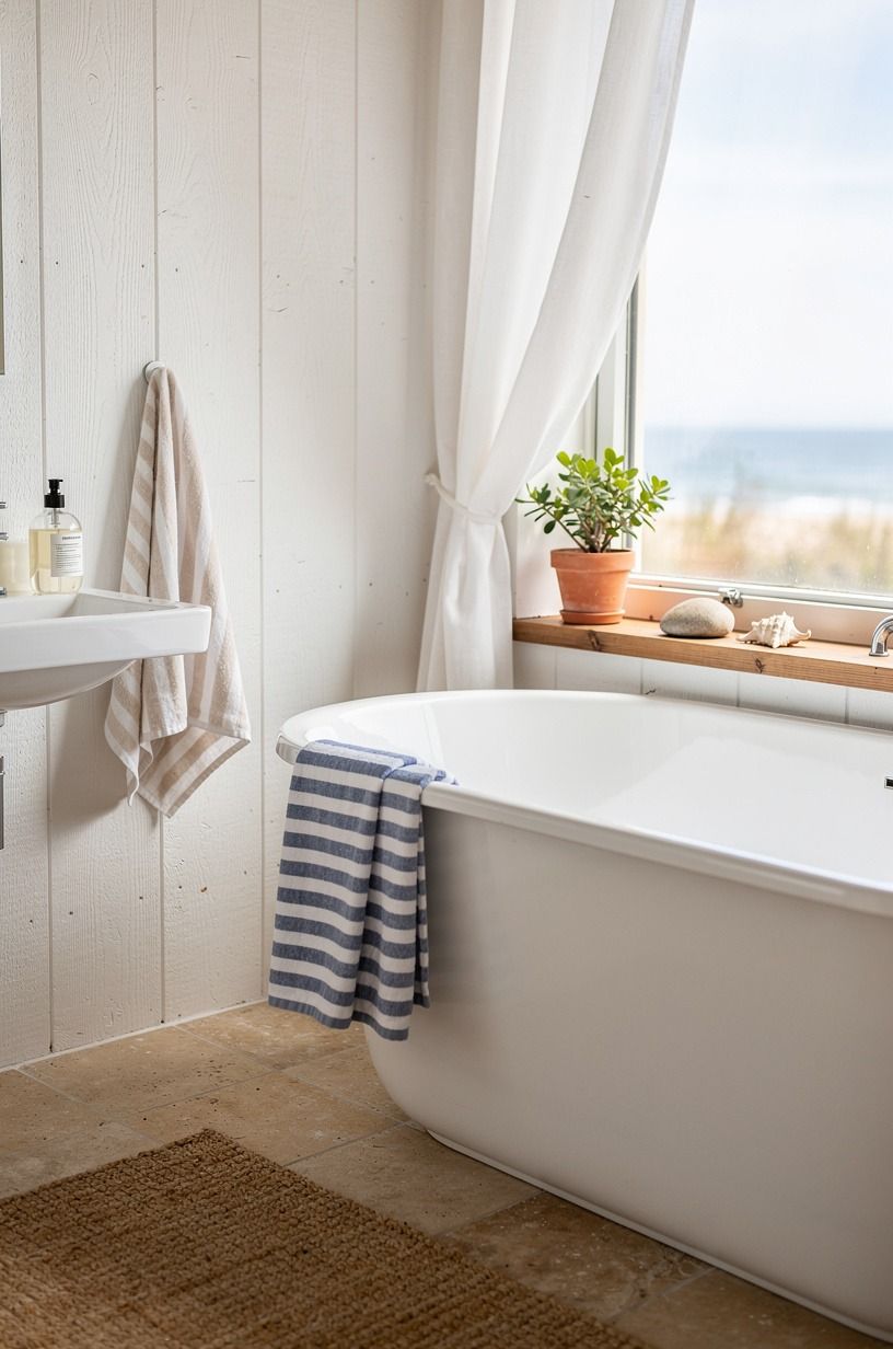 Mix striped textiles into a beach house interior aesthetic