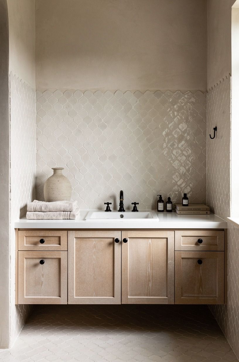 Mix zellige with quiet plaster walls