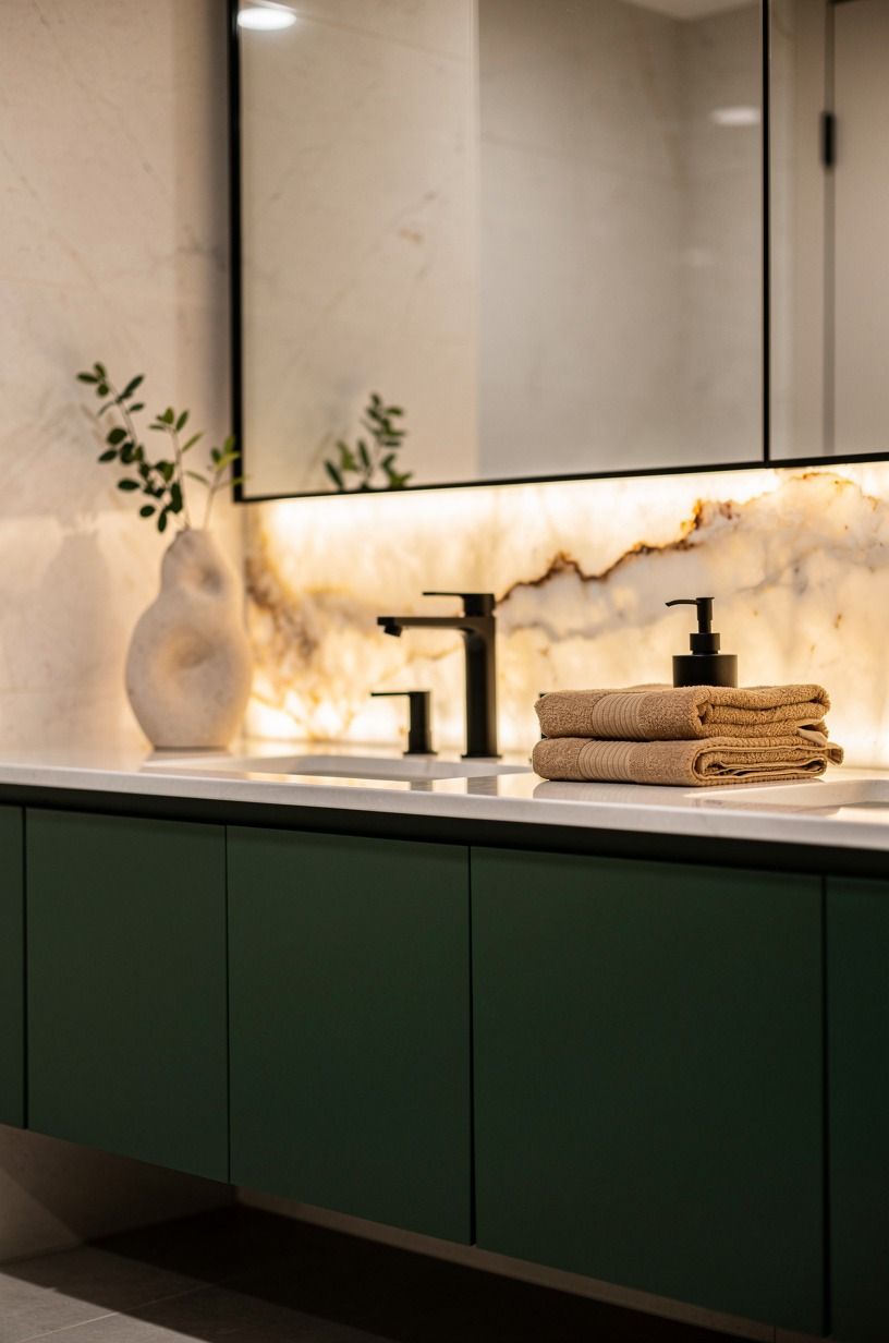 Paint the vanity in a deep green (the Anchored Cabinet Rule)