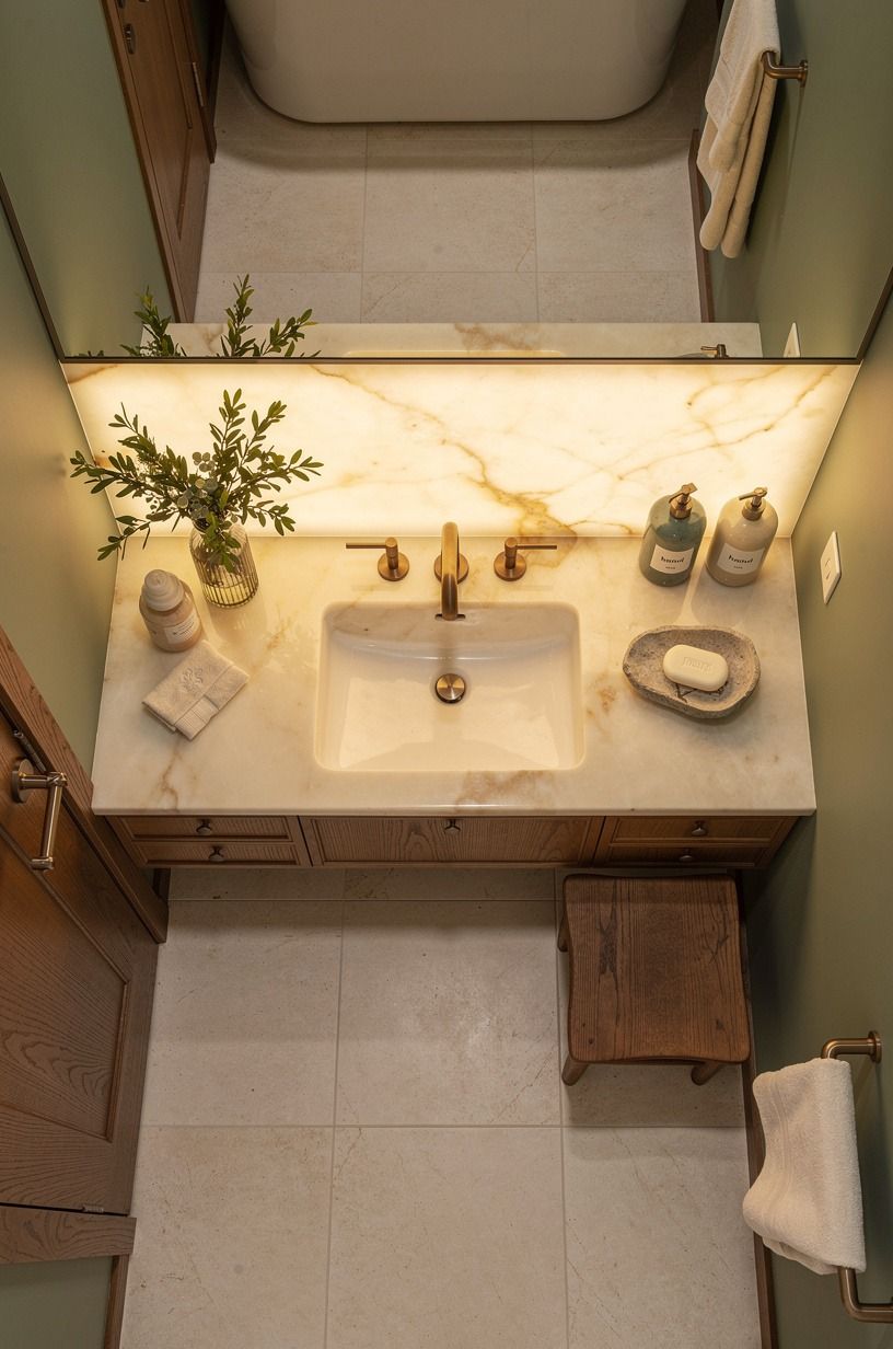 Paint the walls with a green that carries brown wood