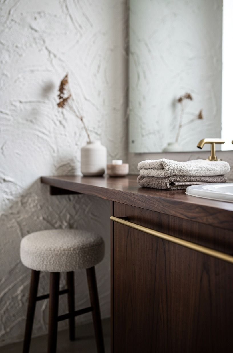 Pair a dark vanity with pale handmade walls