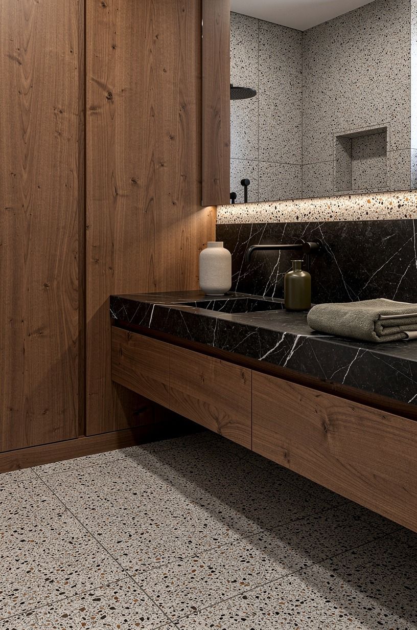 Pair Warm Walnut Against Cool Terrazzo Tile