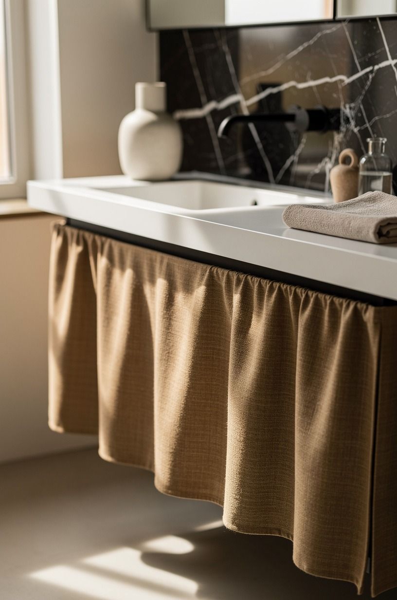 Place a skirt under an open sink instead of adding cabinets