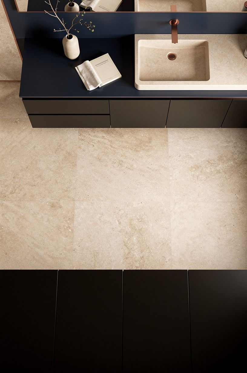 Put beige underfoot before adding black cabinets