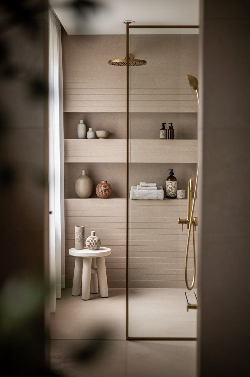 Run the tile shelves in shower built ins horizontally