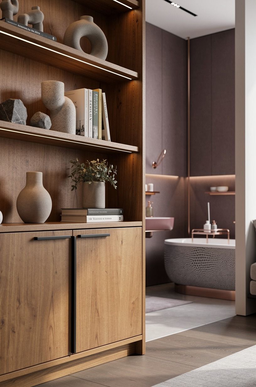 Set Matte Black Hardware Against Honeyed Teak Shelving