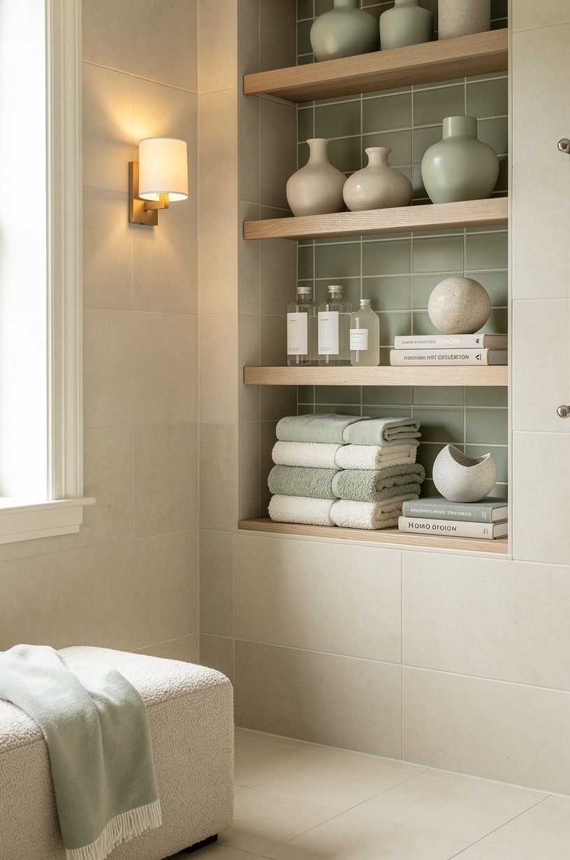 Stack slim shelves beside a tiled niche