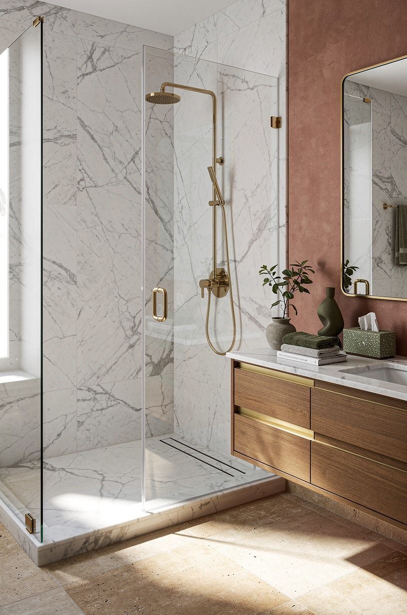 Start With a White Marble Walk-In Shower Layout