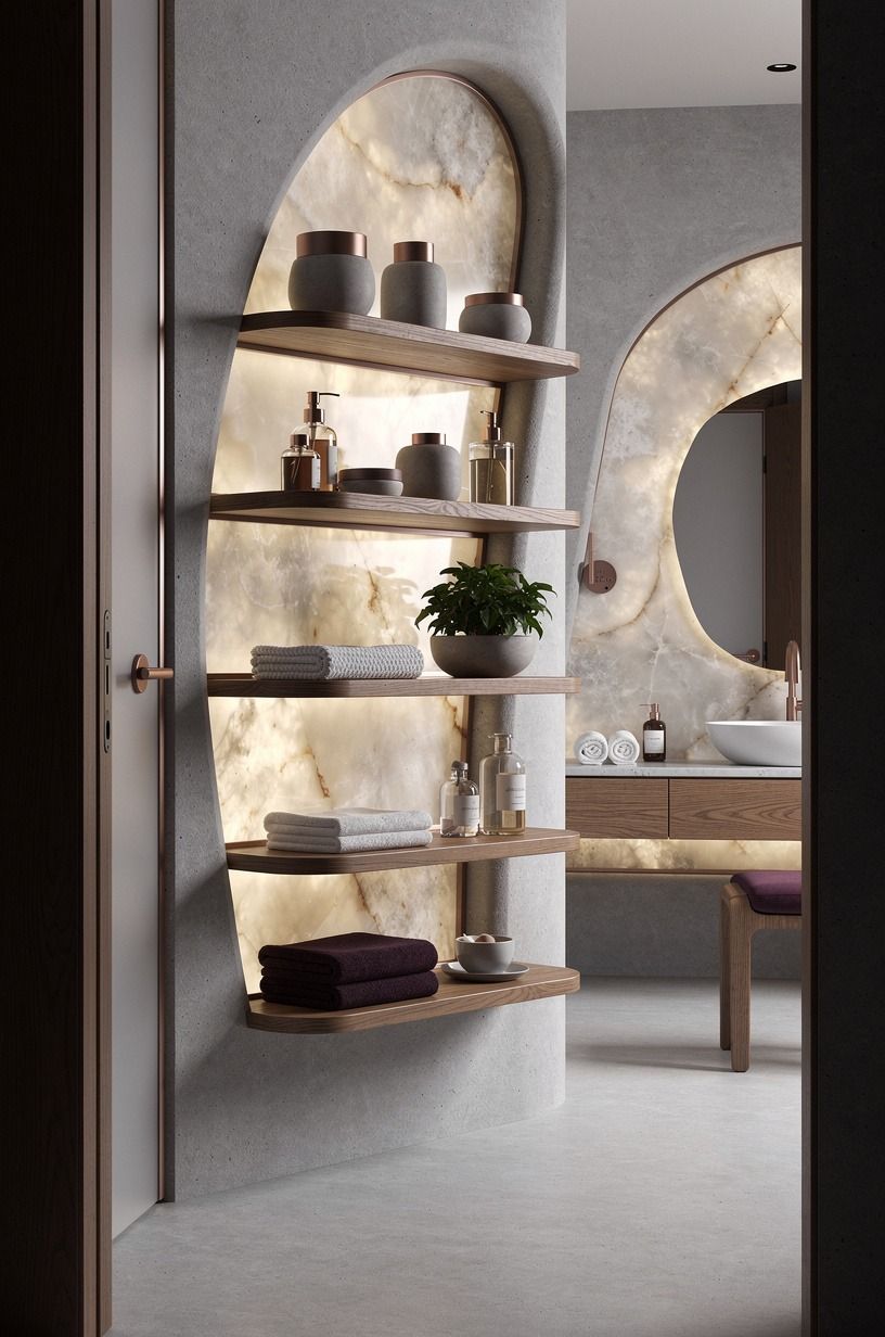 Start with teak shower shelves that can take moisture