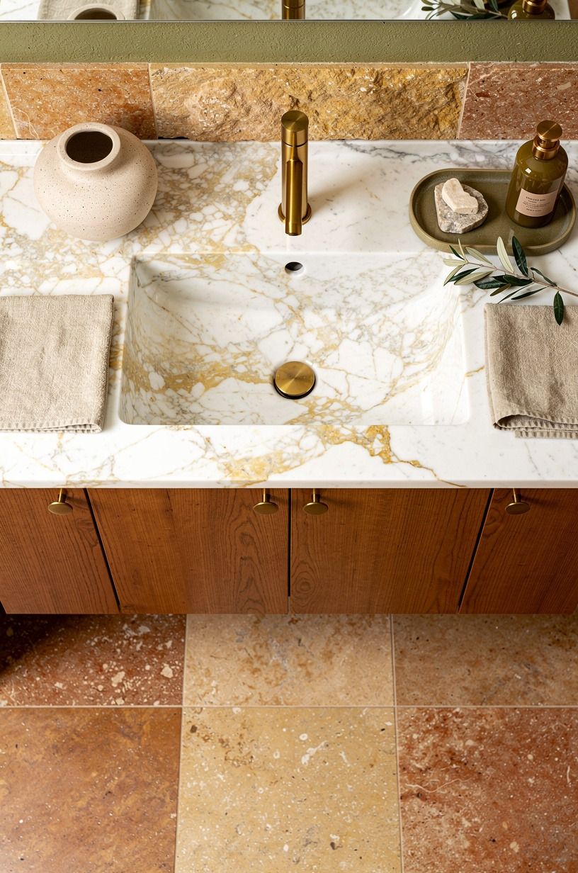 Swap a busy vanity top for Calacatta Gold marble