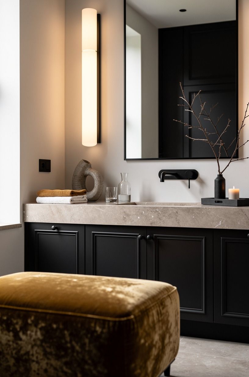 The Three-Height Light Stack changes a dark theme bathroom