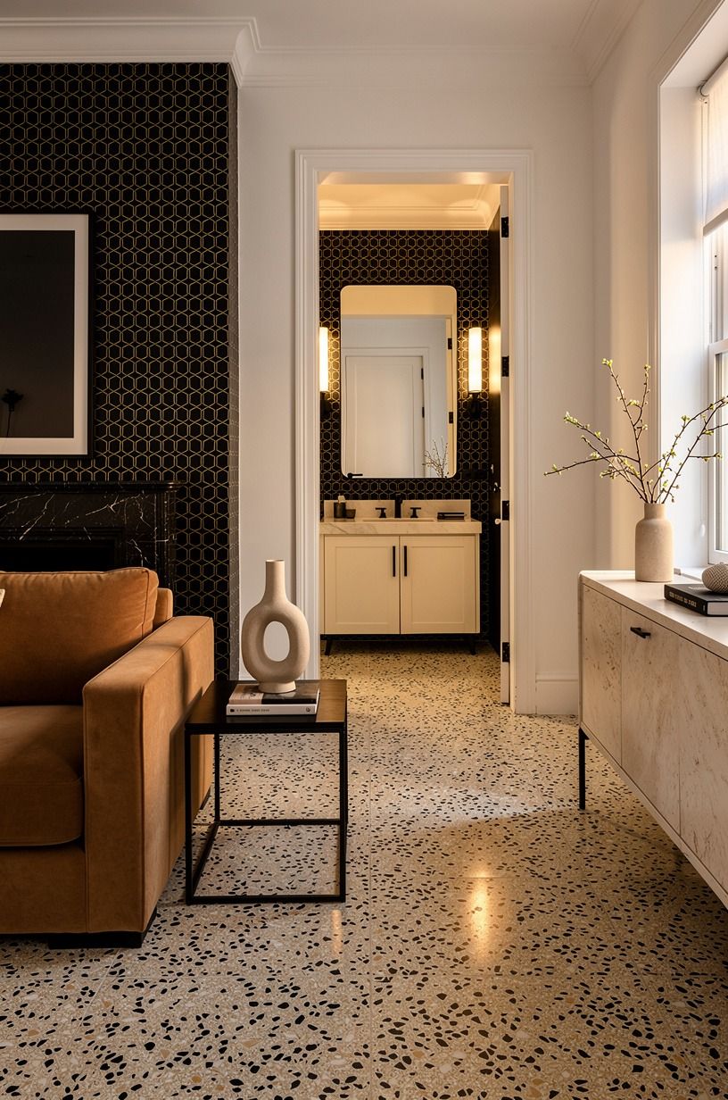 Try black-and-gold tile instead of a busy wallpaper