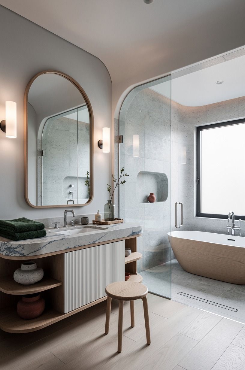 Try the Two-Wood Rule around bathroom grey and blue