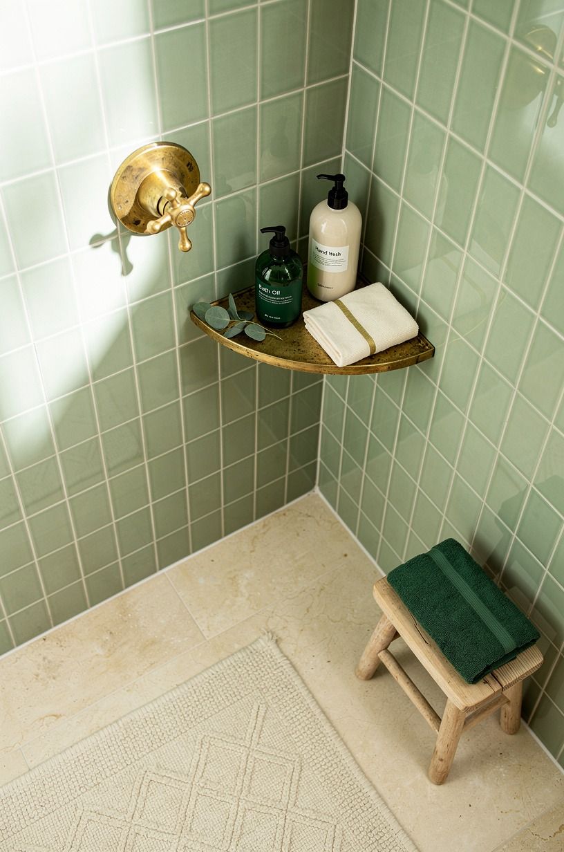 Tuck a corner shelf beside the shower valve