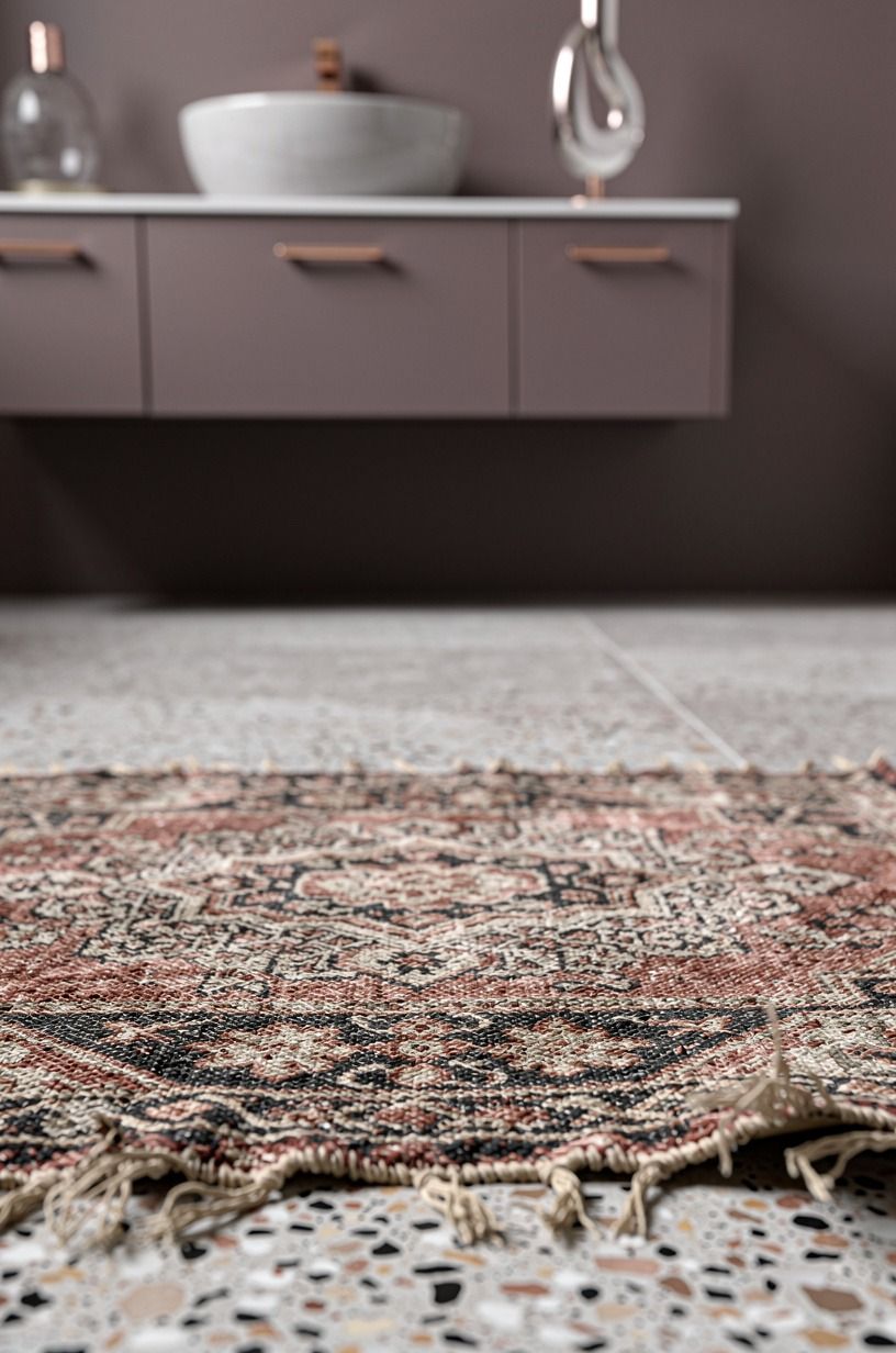 Use an antique rug where you’d normally buy a bath mat