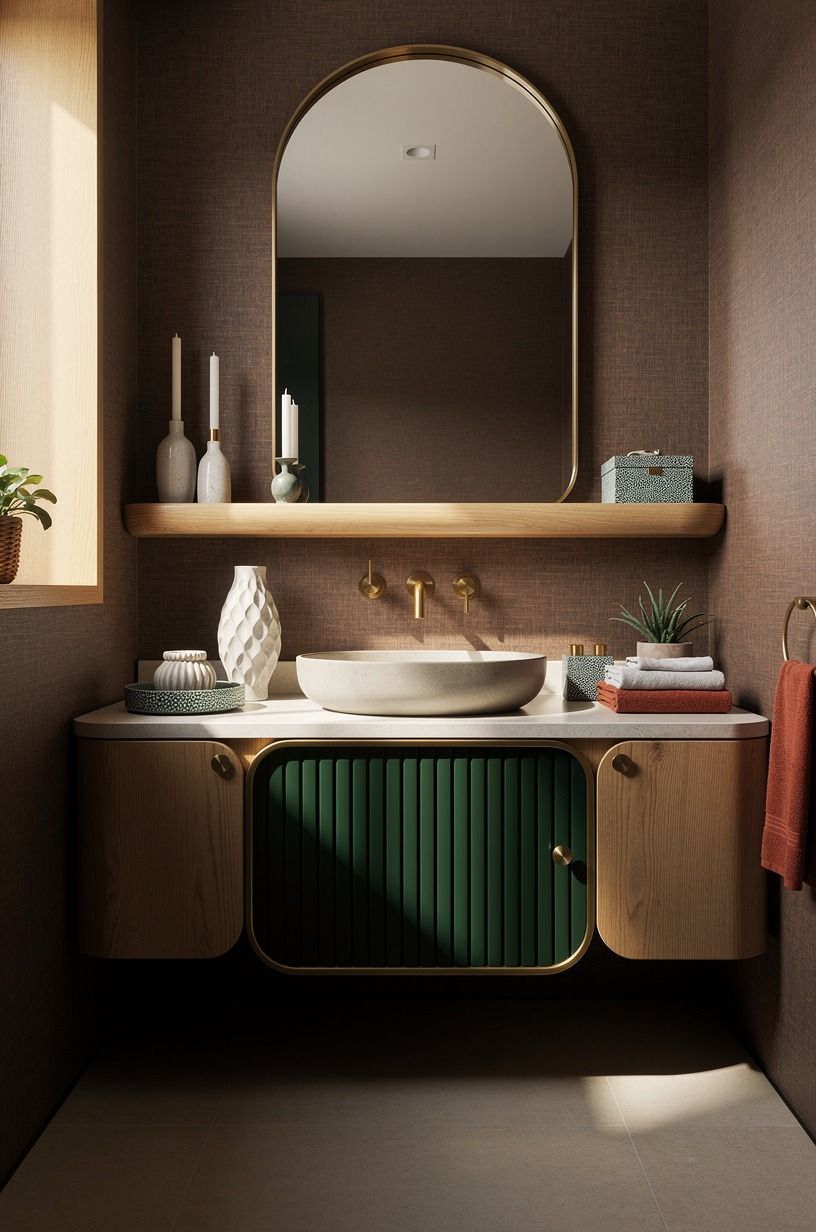 Use brown powder room wallpaper with brushed brass