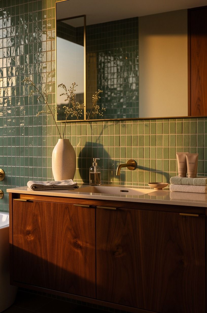Use hand-glazed emerald zellige behind the sink